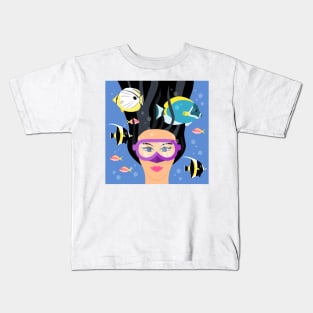Black hair girl diving in tropical waters Kids T-Shirt